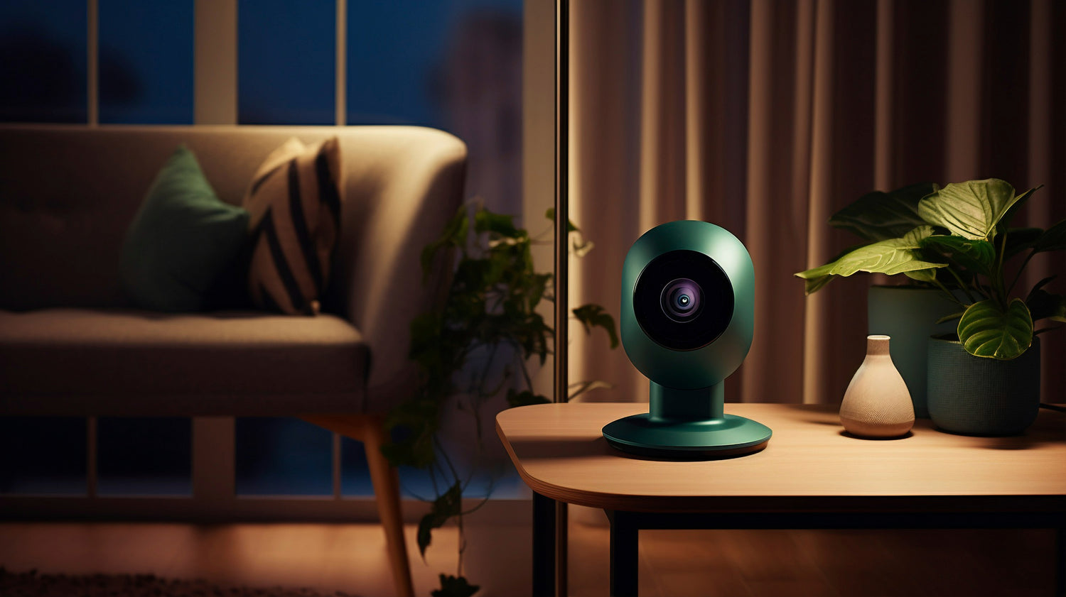 Smart home security camera on a table in a dimly lit room with a couch and plants.