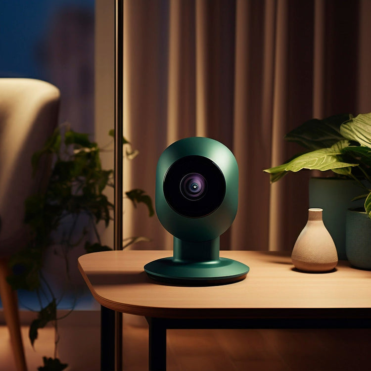 Smart home security camera on a table in a dimly lit room with a couch and plants.