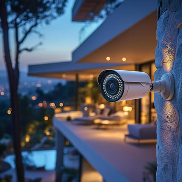 Security camera mounted on a stone wall with a modern house in the background at dusk.