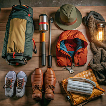 Collection of hiking and camping gear on a wooden surface