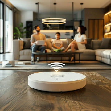 Round white device with Wi-Fi symbol on a wooden floor in a living room with people sitting on a couch.