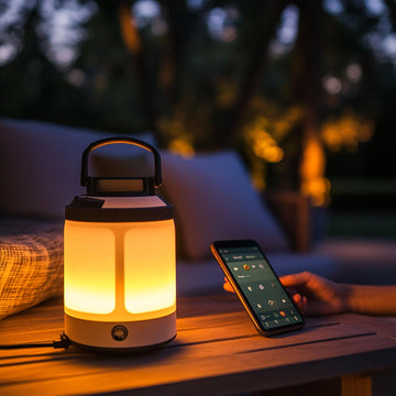 Smart lantern on a table with a phone displaying app interface, outdoor setting