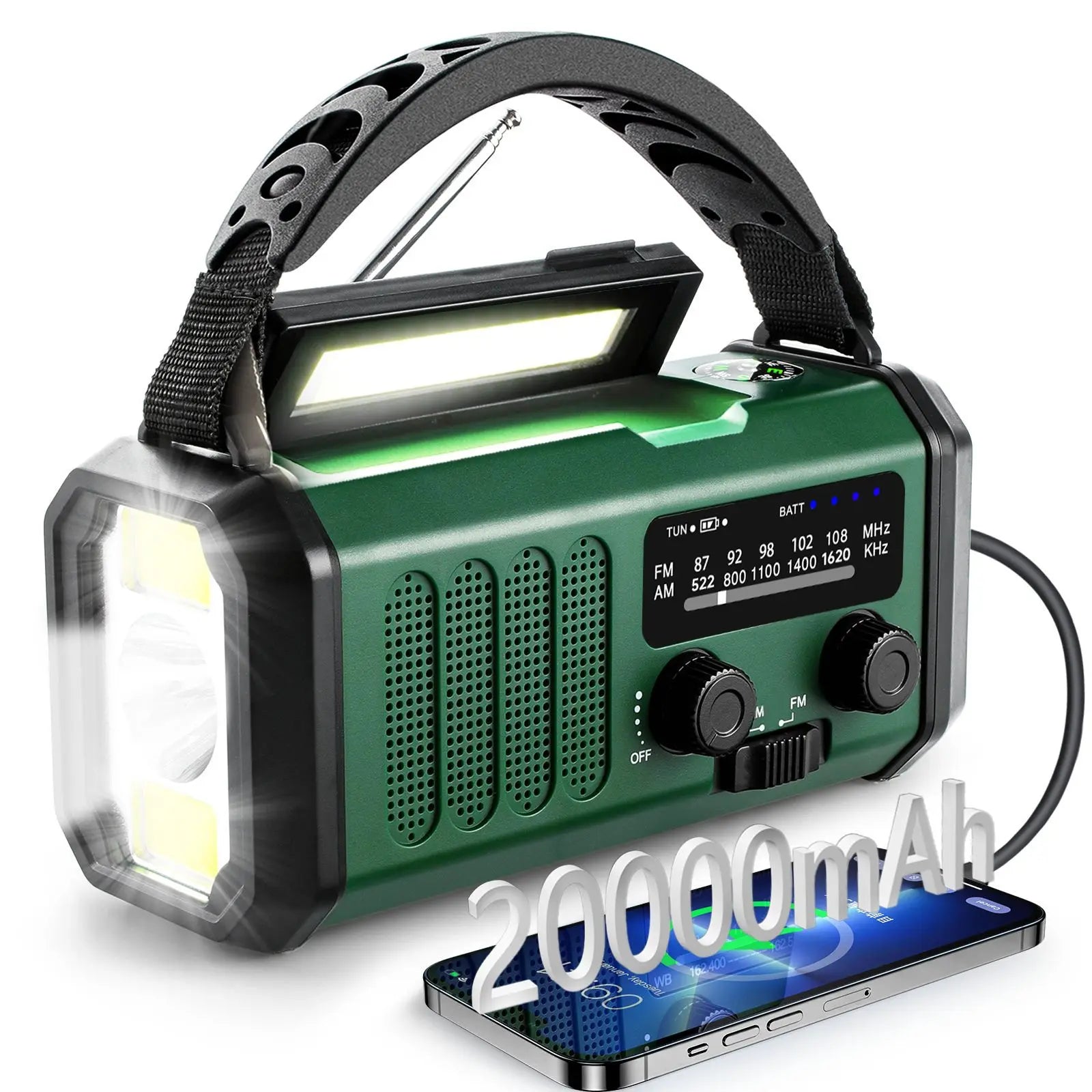 Emergency radio with crank & solar, 10000mAh power bank, flashlight & compass, FM/AM/WB, portable for outdoor use Digispots