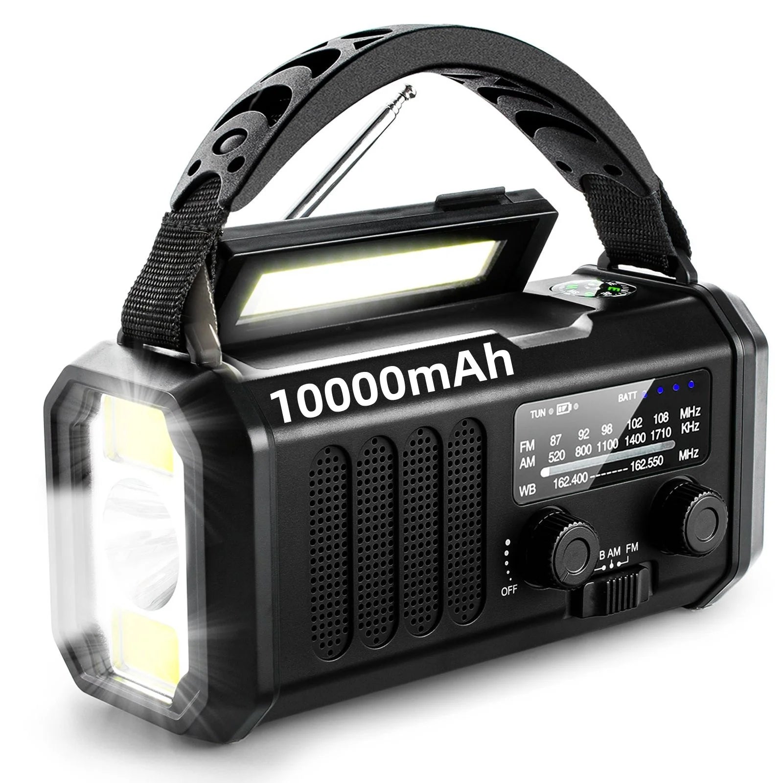 Emergency radio with crank & solar, 10000mAh power bank, flashlight & compass, FM/AM/WB, portable for outdoor use Digispots