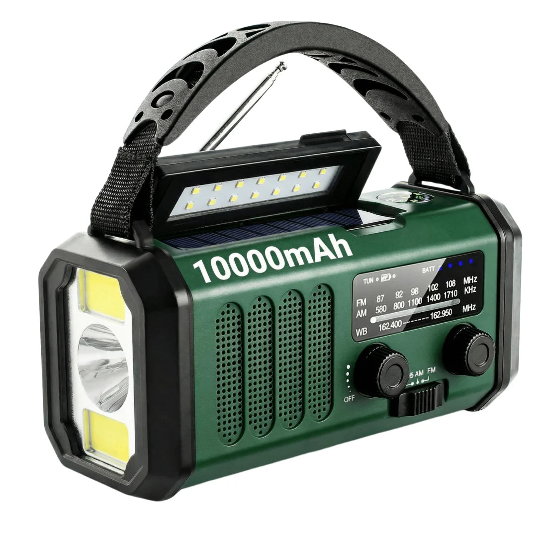 Emergency radio with crank & solar, 10000mAh power bank, flashlight & compass, FM/AM/WB, portable for outdoor use Digispots