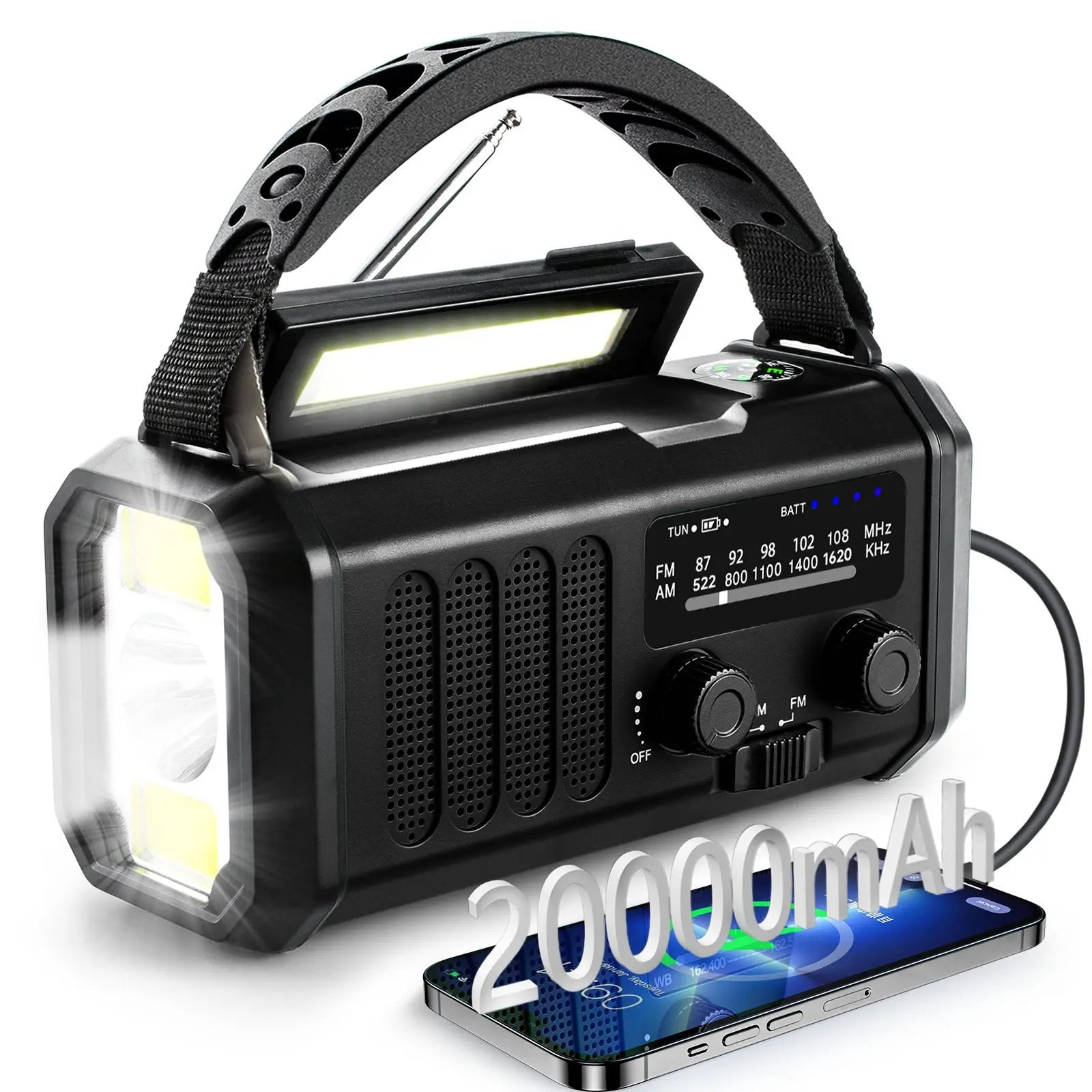 Emergency radio with crank & solar, 10000mAh power bank, flashlight & compass, FM/AM/WB, portable for outdoor use Digispots
