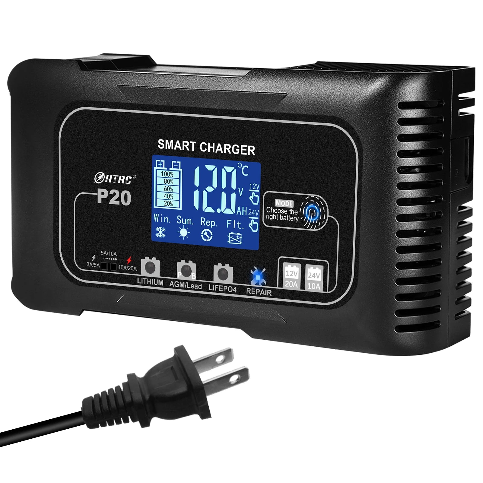 HTRC 20A 12V-24V Smart Battery Charger for Motorcycle Car Battery Repair Auto Moto Lead Acid AGM GEL PB Lithium LiFePo4 Batteri Digispots