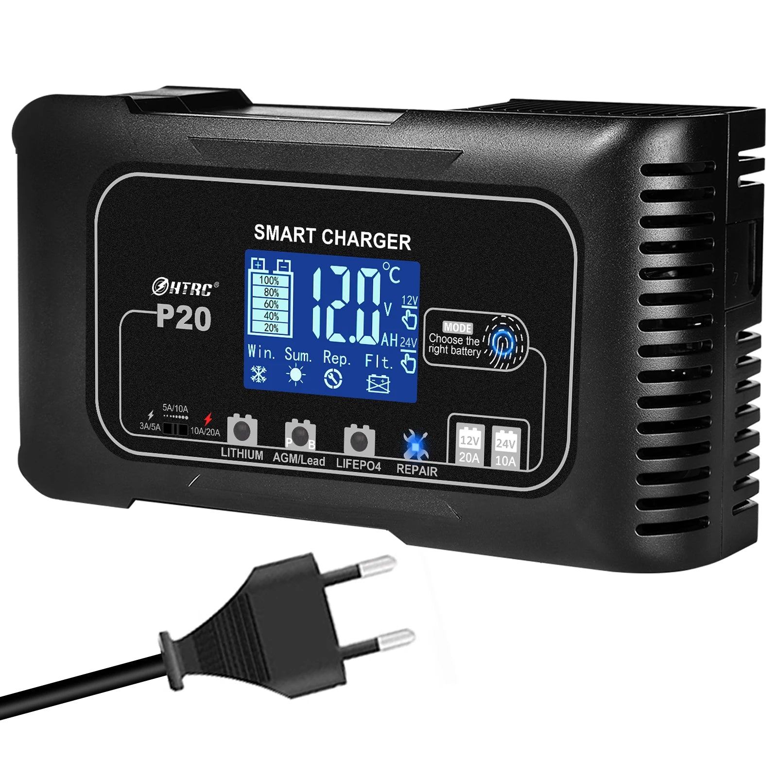 HTRC 20A 12V-24V Smart Battery Charger for Motorcycle Car Battery Repair Auto Moto Lead Acid AGM GEL PB Lithium LiFePo4 Batteri Digispots
