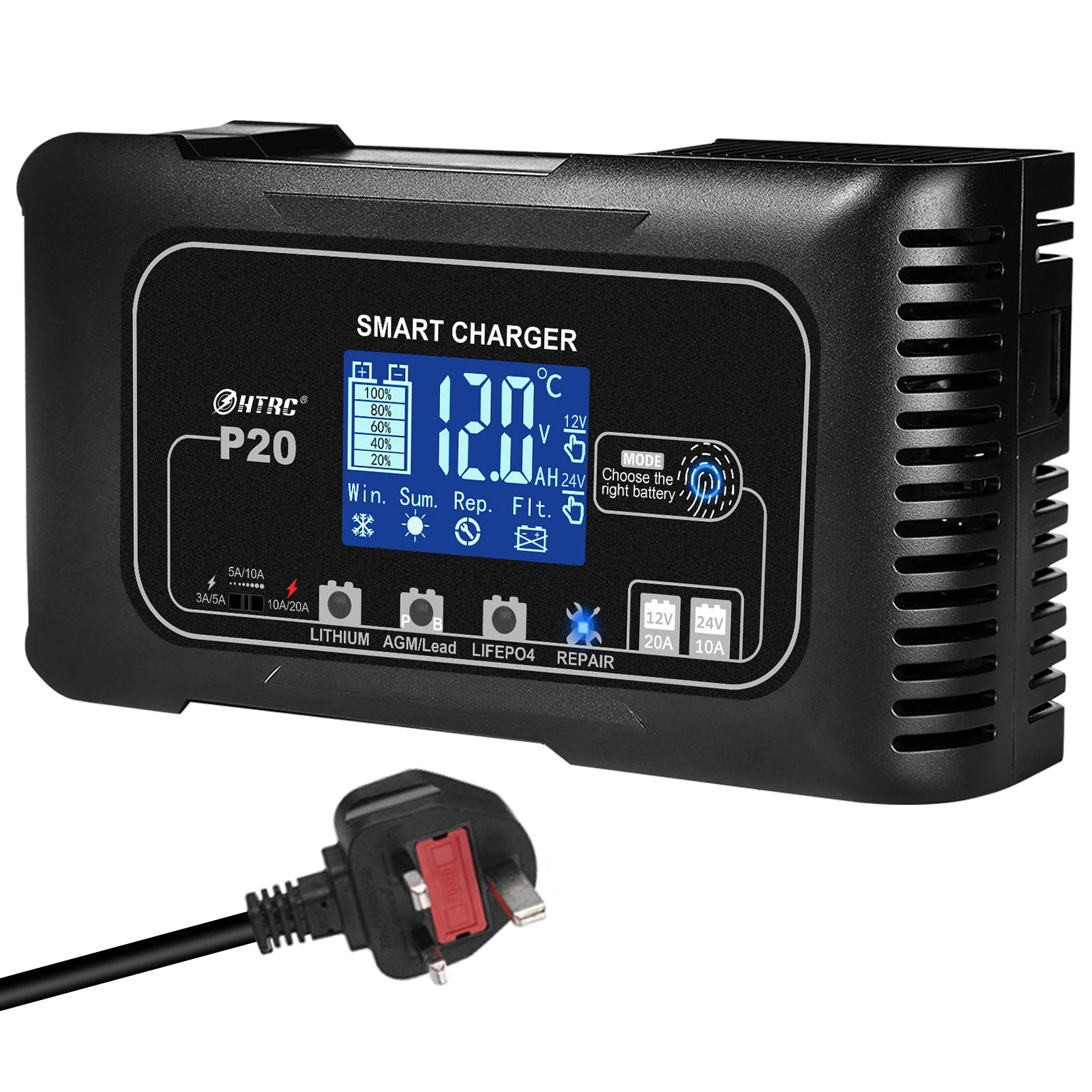 HTRC 20A 12V-24V Smart Battery Charger for Motorcycle Car Battery Repair Auto Moto Lead Acid AGM GEL PB Lithium LiFePo4 Batteri Digispots