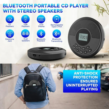 Tragbarer CD-Player – Bluetooth, Eingebauter Lautsprecher, USB/MP3 & Wiederaufladbarer Akku