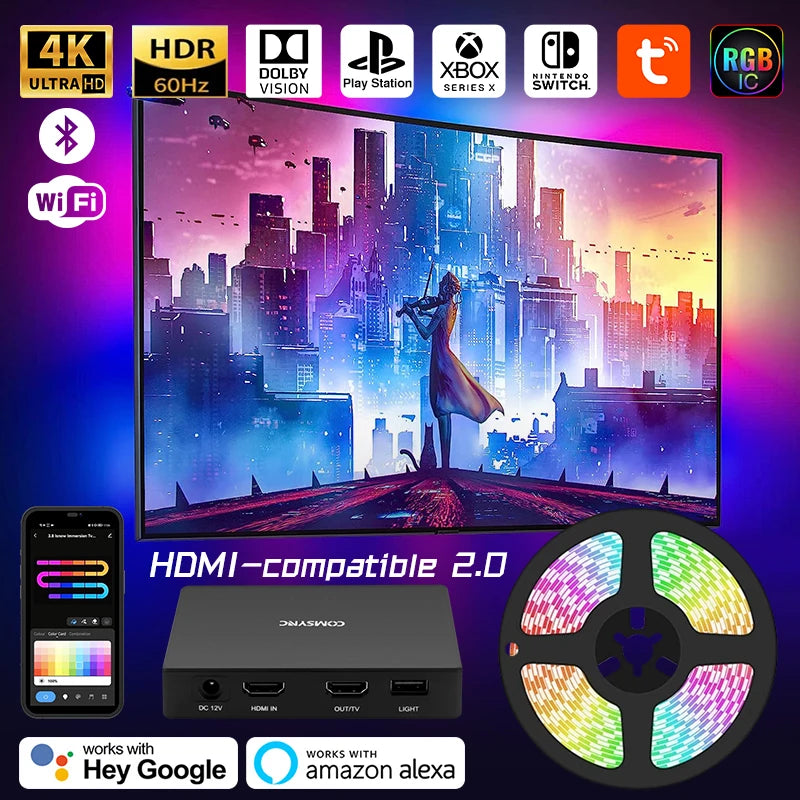 LED Smart Ambient TV Backlight Wifi Alexa Google Assistant Control 4K HDMI-Compatible 2.0 Device Screen Color SyncStrip Lights Digispots