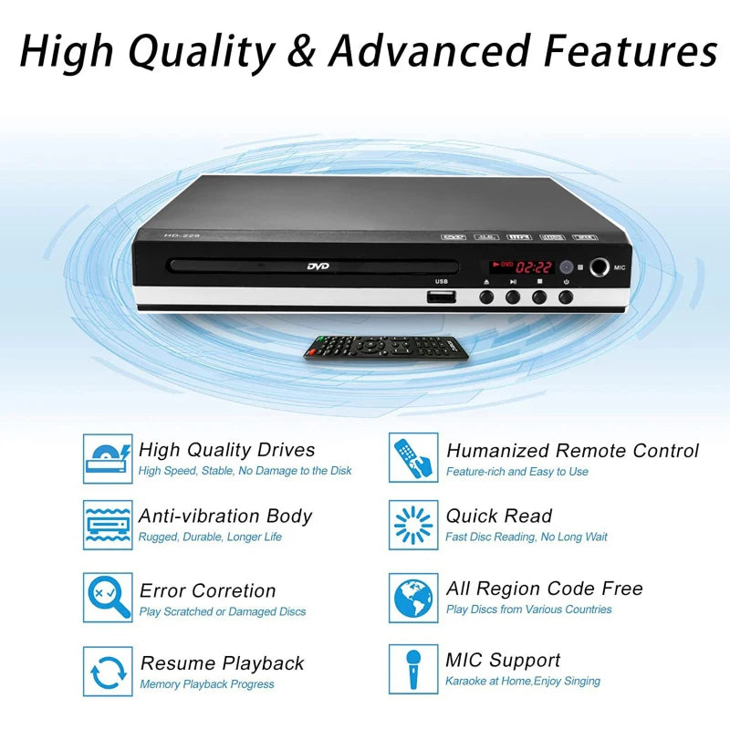 HDMI 1080P DVD Player High Defination Home DVD Player Box For TV All Region Free DVD CD Discs Player AV Output Built-in MIC Port Digispots