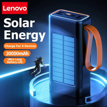Lenovo aurinkopowerbank – sisäänrakennetut kaapelit, aurinkolataus ja LED-taskulamppu