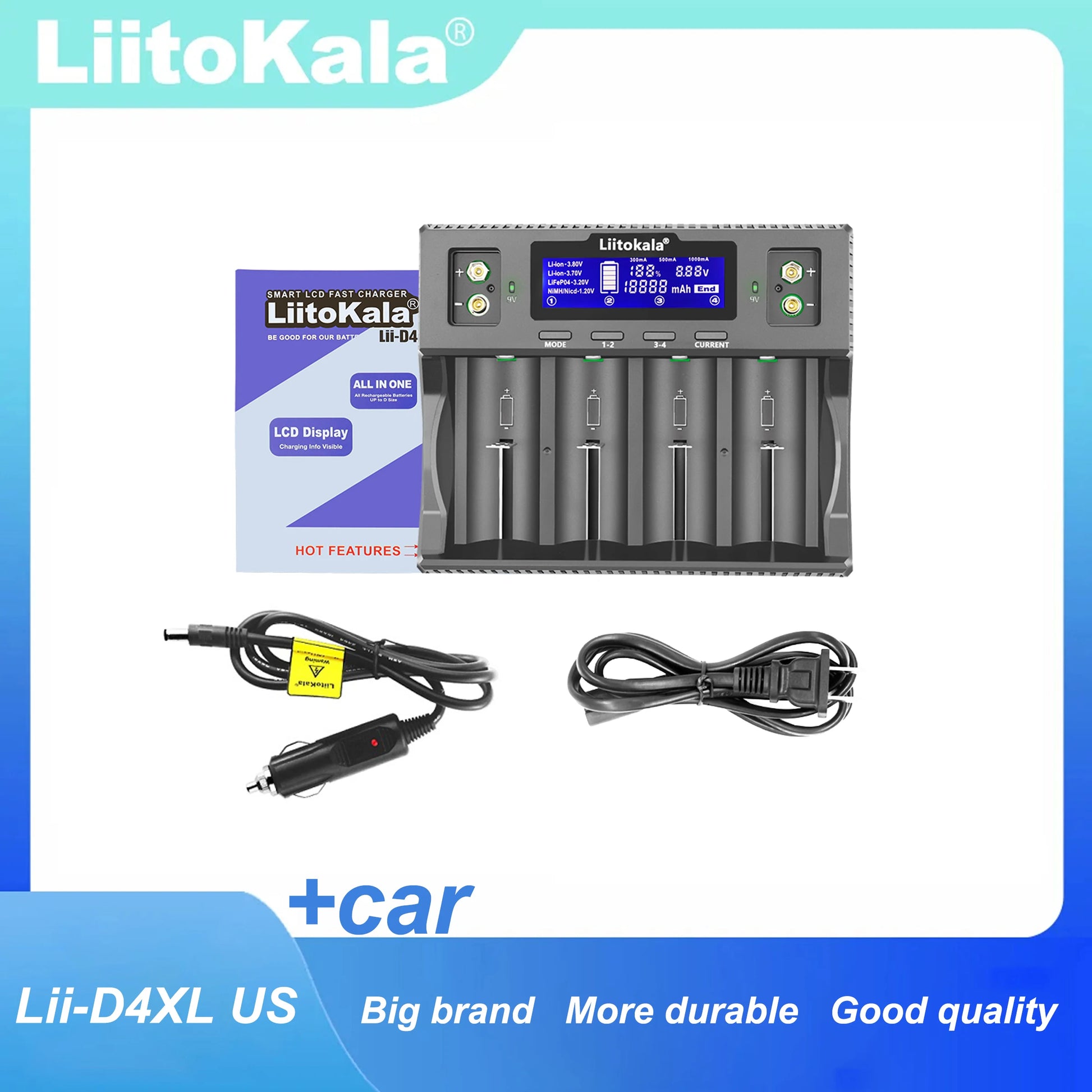 LiitoKala Lii-D4XL Smart Battery Charger – AA, AAA, 9V, Li-ion, LiFePO4 & NiMH Digispots
