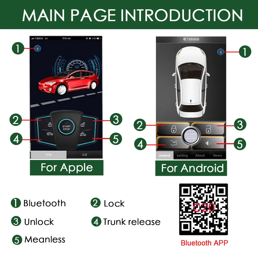 Smartphone Car Alarm System, Compatível Com iOS E Android Phone, Remoto Smart Key Car Start and Stop System, PKE Car Digispots