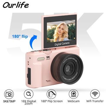 Ourlife 5K Vlog Camera – 180° Flip Screen, Built-in Flash & Multiple Shooting Modes