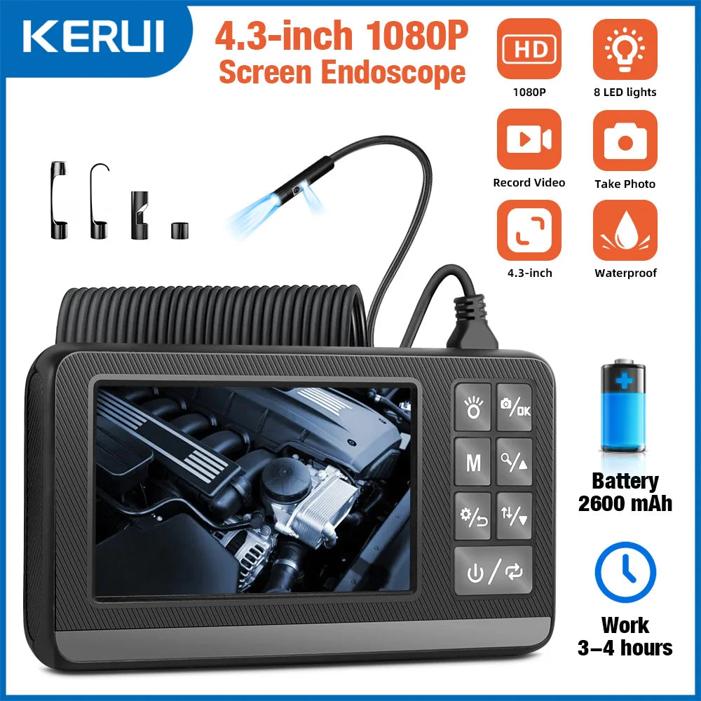KERUI Dual Lens Industrial Endoscope Inspection Camera With Screen IP67 Waterproof Snake 1080P Handheld Digital Video Borescope Digispots