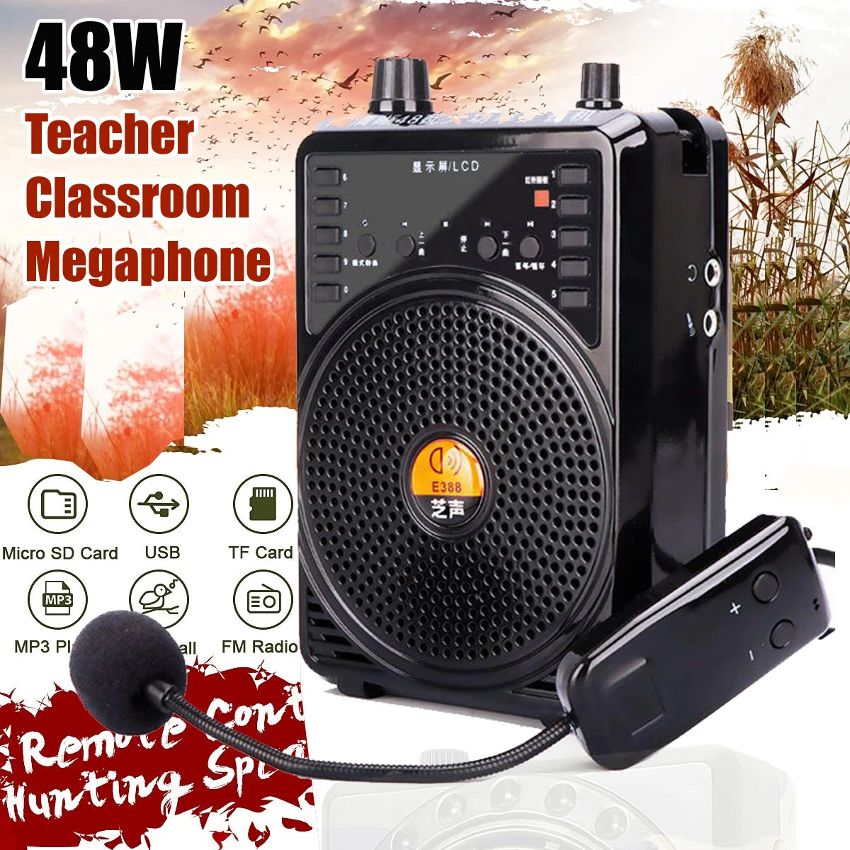 48W Wireless Auto Connection Loudspeaker Wired Bluetooth Teacher Classroom Megaphone Speaker Tour Guide's Amplifier TF Card USB Digispots