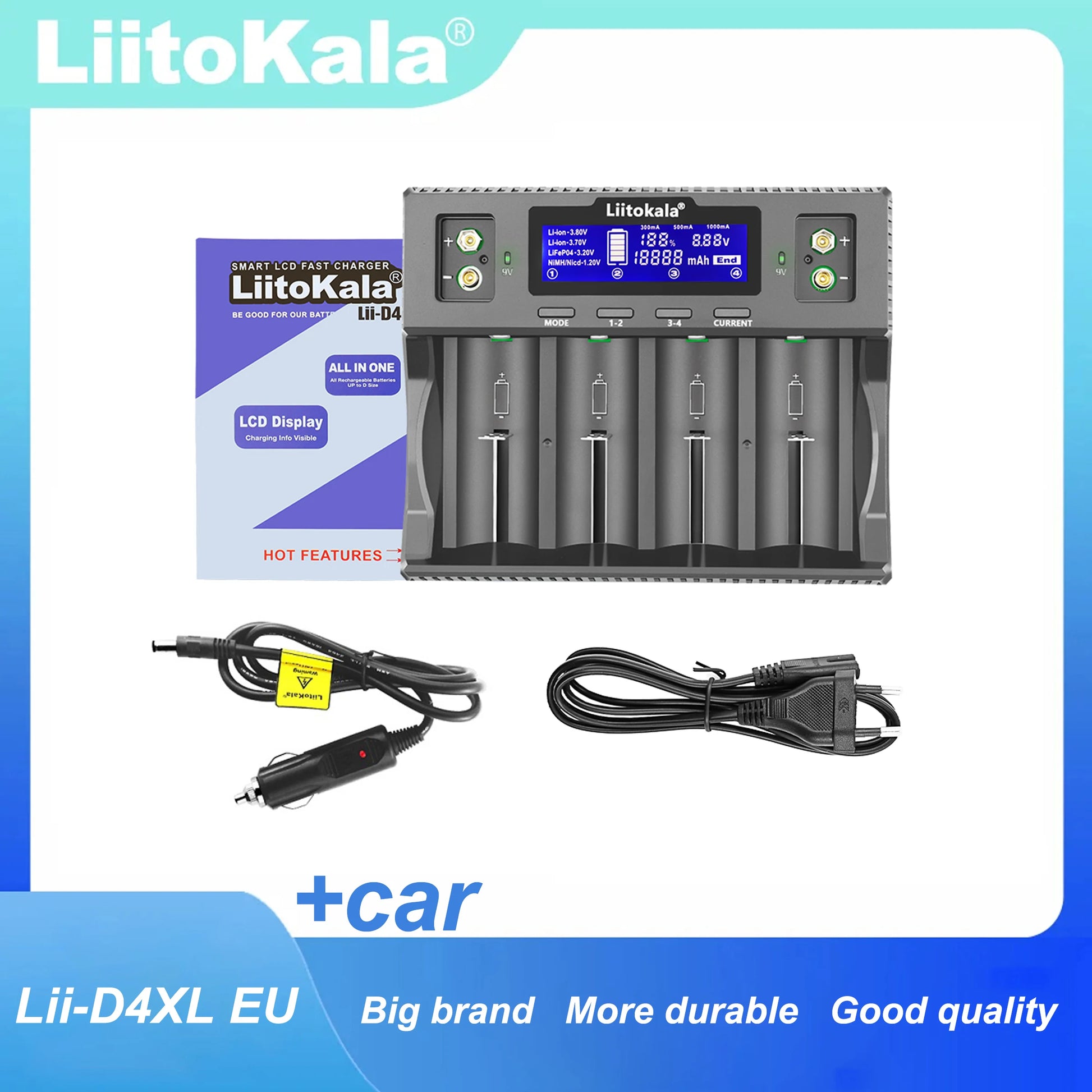 LiitoKala Lii-D4XL Smart Battery Charger – AA, AAA, 9V, Li-ion, LiFePO4 & NiMH Digispots