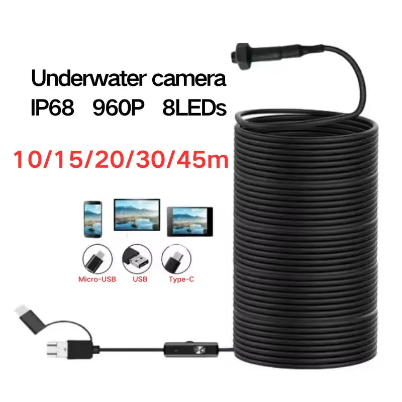 40m Fish Finder Underwater Fishing Endoscope Camera 960P Cars Sewer Inspection Borescope Waterproof 3In1 For Usb Android Type-C Digispots