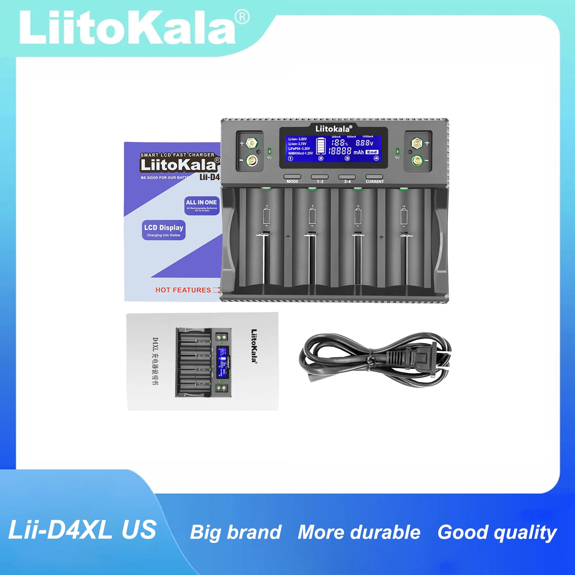 LiitoKala Lii-D4XL Smart Battery Charger – AA, AAA, 9V, Li-ion, LiFePO4 & NiMH Digispots
