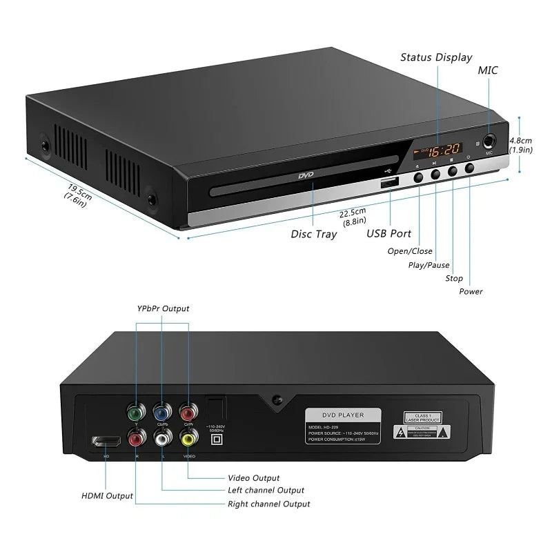 HDMI 1080P DVD Player High Defination Home DVD Player Box For TV All Region Free DVD CD Discs Player AV Output Built-in MIC Port Digispots