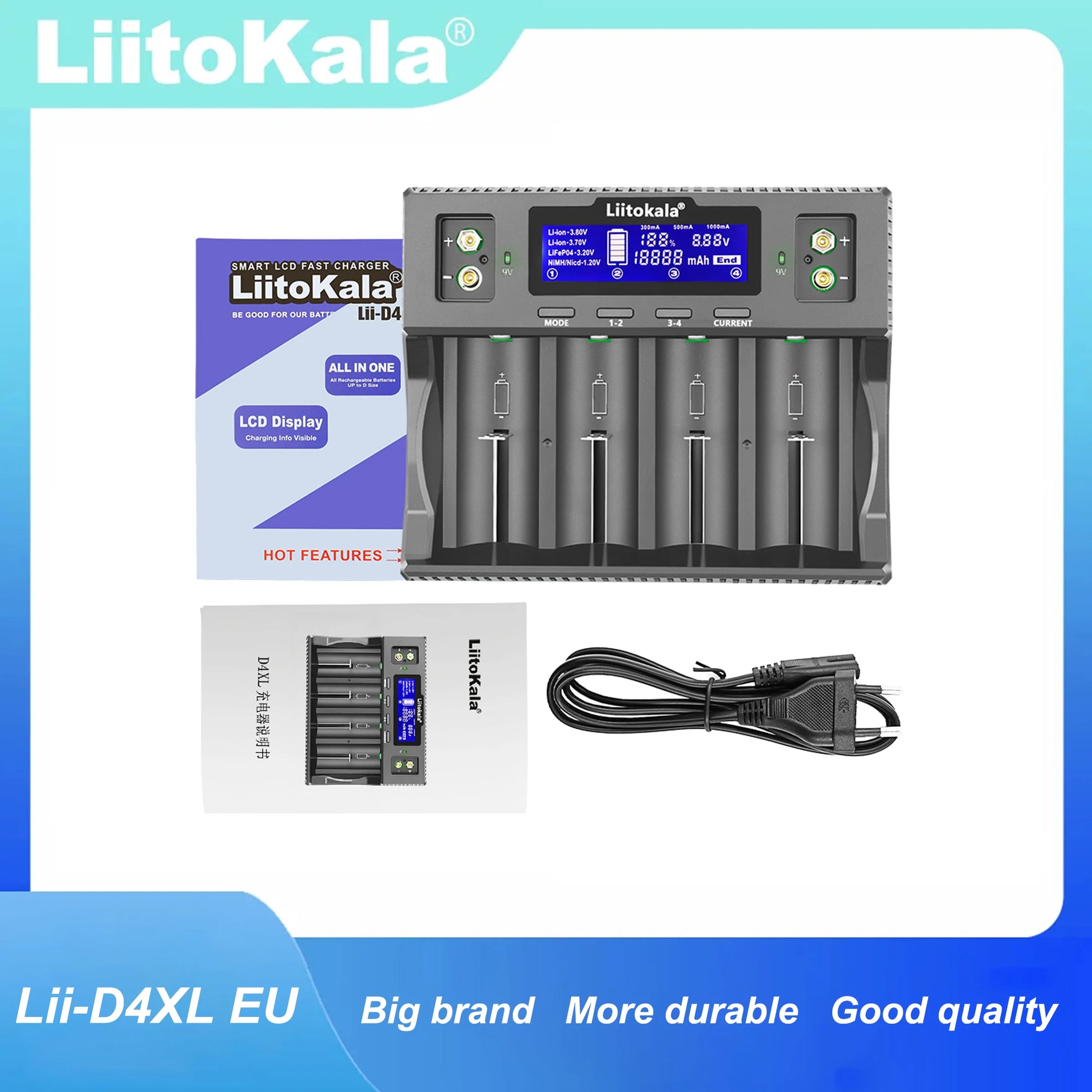 LiitoKala Lii-D4XL Smart Battery Charger – AA, AAA, 9V, Li-ion, LiFePO4 & NiMH Digispots