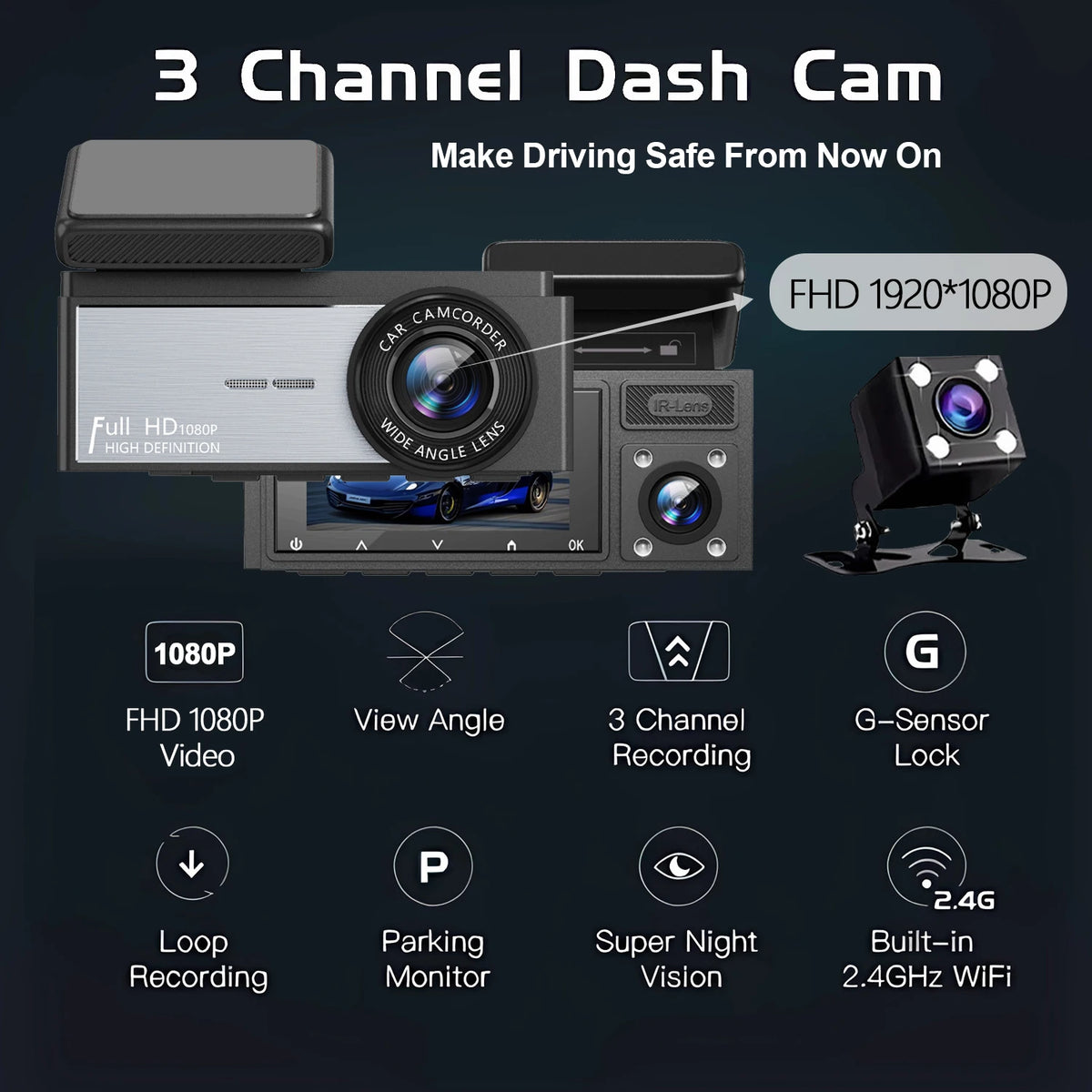 3 Channel WIFI Dash Cam 1080P Car Dvr Interior Vehicle Three Way Camera Mini DVRs Recorder Video Registrator Dashcam Camcord Digispots