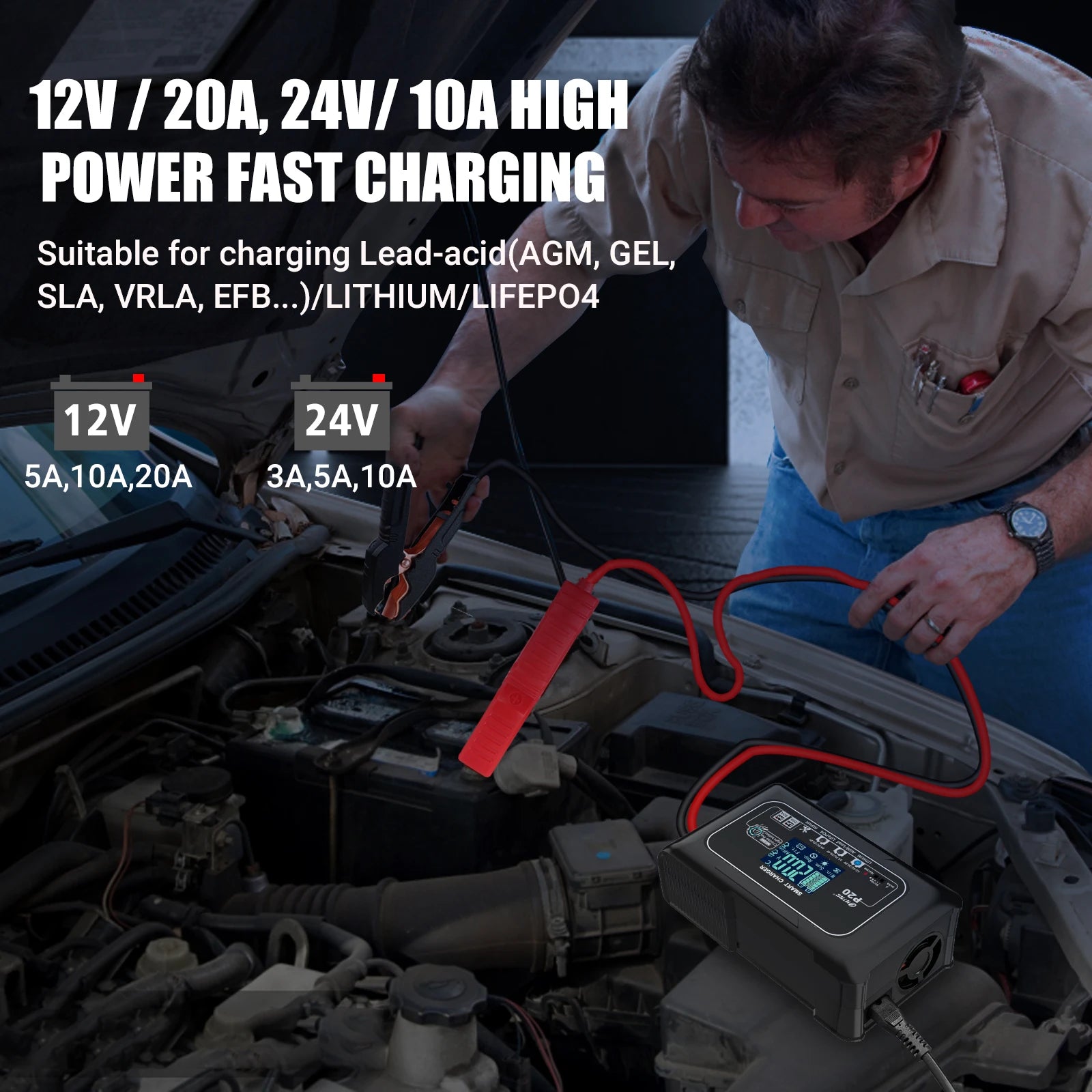HTRC 20A 12V-24V Smart Battery Charger for Motorcycle Car Battery Repair Auto Moto Lead Acid AGM GEL PB Lithium LiFePo4 Batteri Digispots