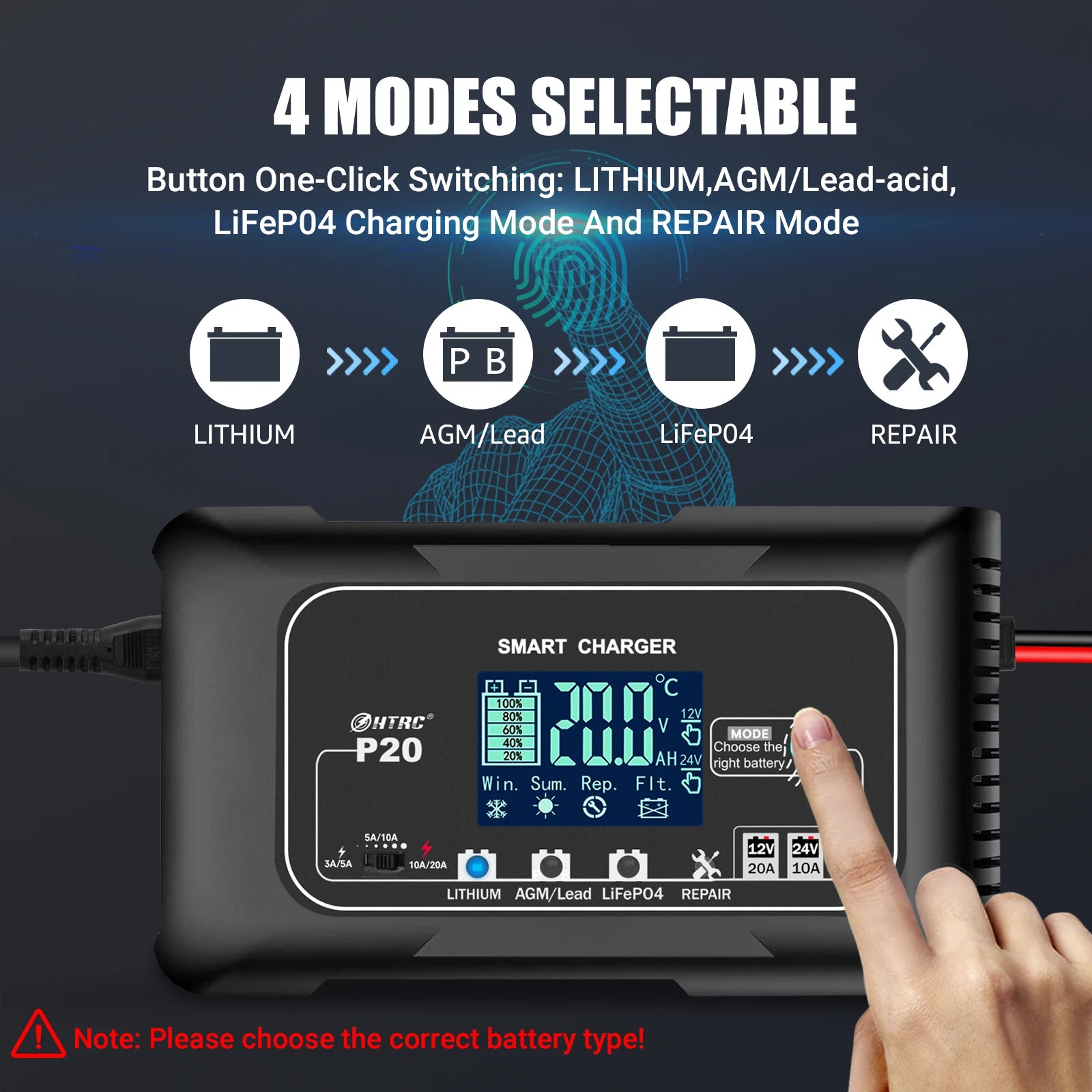 HTRC 20A 12V-24V Smart Battery Charger for Motorcycle Car Battery Repair Auto Moto Lead Acid AGM GEL PB Lithium LiFePo4 Batteri Digispots