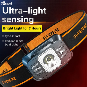TINSOL LED Headlamp – USB-C Rechargeable Head Light with Motion Sensor for Camping & Hiking